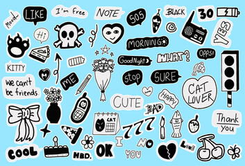 Doodle hand draw illustration  vector elements, cute decoration, Black and White. On Transparent Background.