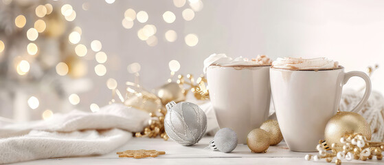 Ceramic white cup or mug with hot chocolate, coffee, tea with decorations on christmas background. Happy new year or Christmas mockup. Cozy wintertime leisure. Generative ai