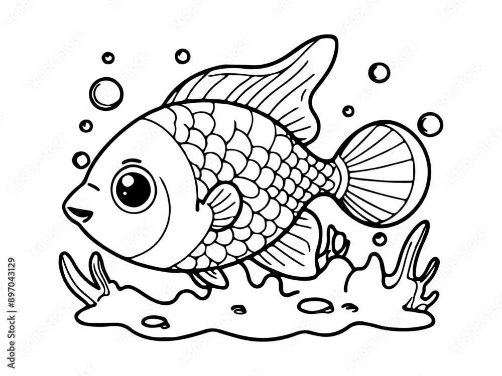 Wall mural coloring page of cute cartoon fish for kids coloring book