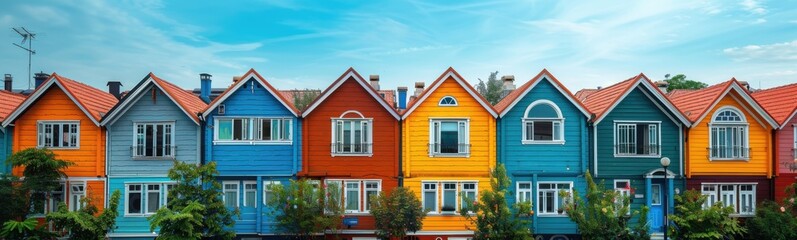 Obraz premium Brightly painted houses line a street in a neighborhood, Real estate, Banner