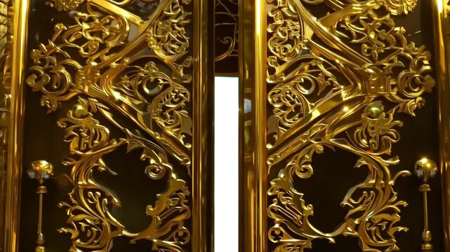 Going trough golden gate doors with bright heaven light shining. Open magic door with shining light. Gates to heaven concept 4k