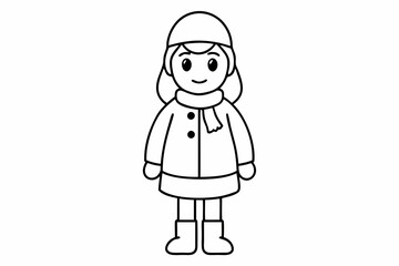 Vector Line Art Christmas Cartoon Girl in Winter Clothes Standing on White Background