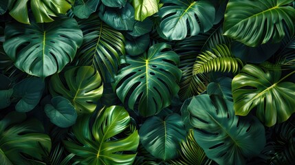 Fototapeta premium lush green jungle of tropical leaves, with an emerald monstera leaf