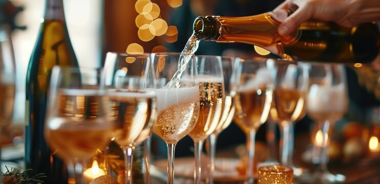 Elegant celebration with champagne being poured into glasses against a festive, sparkling background. Party, holiday celebration, Christmas, New Year's Eve, luxury event, toasts, festive atmosphere.