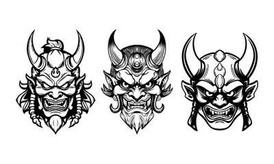 A Set of Black and White  Iapanese Demon Masks. Japanese Oni Demon Mask Illustration. Mask Designs for T-shirts, Tattoos, Stickers, Gaming Logos or Posters	