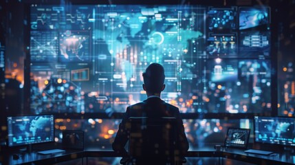 A business manager conducting a virtual meeting, with team members appearing on a large screen, illustrating remote management and communication in the digital age.