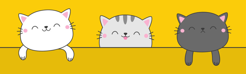Kittens with hands. Paw print on the table. Peeking cat set hanging on white paper. Line contour silhouette. Funny Kawaii pet animal. Cute cartoon baby character. Flat design. Yellow background Vector