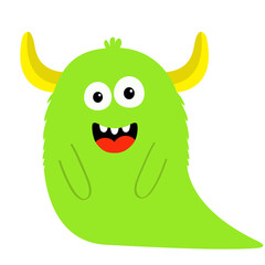 Happy Halloween. Monster monster crawling. Eyes, horns, tongue, fang teeth. Green silhouette icon. Cute cartoon kawaii smiling funny baby character. Childish style. Flat design White background Vector