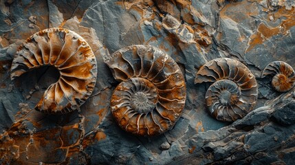 Ammonite Fossils Embedded in Rock