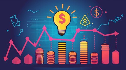 A dynamic illustration of a business growth concept, with arrows pointing upwards, stacks of coins, and a lightbulb symbolizing new ideas and innovation.
