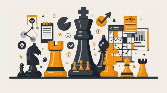 A sleek illustration of a business strategy, including elements like a chessboard, financial reports, and strategic planning icons, representing corporate decision-making.