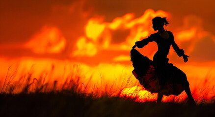 Silhouette woman dancing at sunset