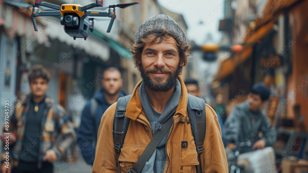 Wall mural man with beard smiling in a city street with a drone flying above