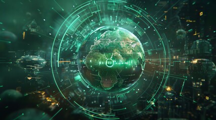 Obraz premium A holographic globe surrounded by protective digital runes, symbolizing global security