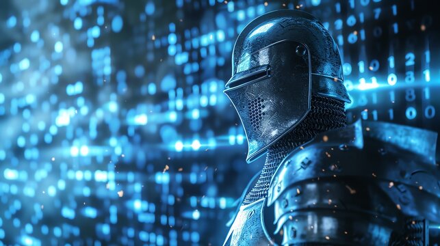 A knight in digital armor standing guard over a realm of data