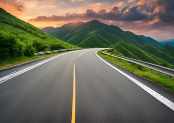 Asphalt highway and green mountains under a sky filled with clouds at sunset.