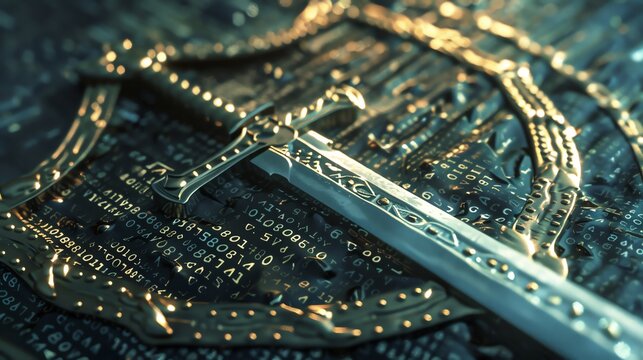 A shield and sword embossed with code, defending against cyber threats