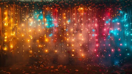 Colorful String Lights Hanging in a Foggy Forest