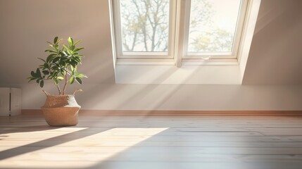 Fototapeta premium Sunlight streaming through a newly repaired roof in an attic.
