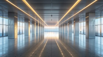 Empty Modern Office Space with Floor to Ceiling Windows and Overhead Lighting