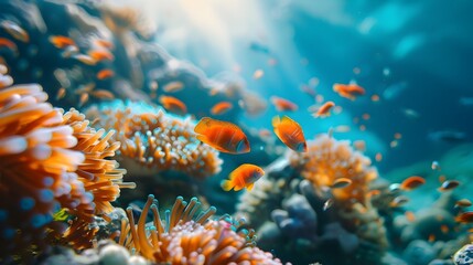 Fototapeta premium Vibrant Coral Reef Ecosystem Teeming with Diverse Marine Life and Colorful Fish