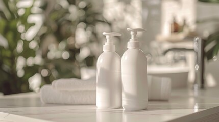 Two White Pump Bottles on a Marble Countertop