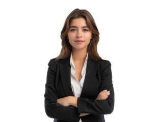 isolated portrait of confident businesswoman in suit with crossed arms, female in formal business attire