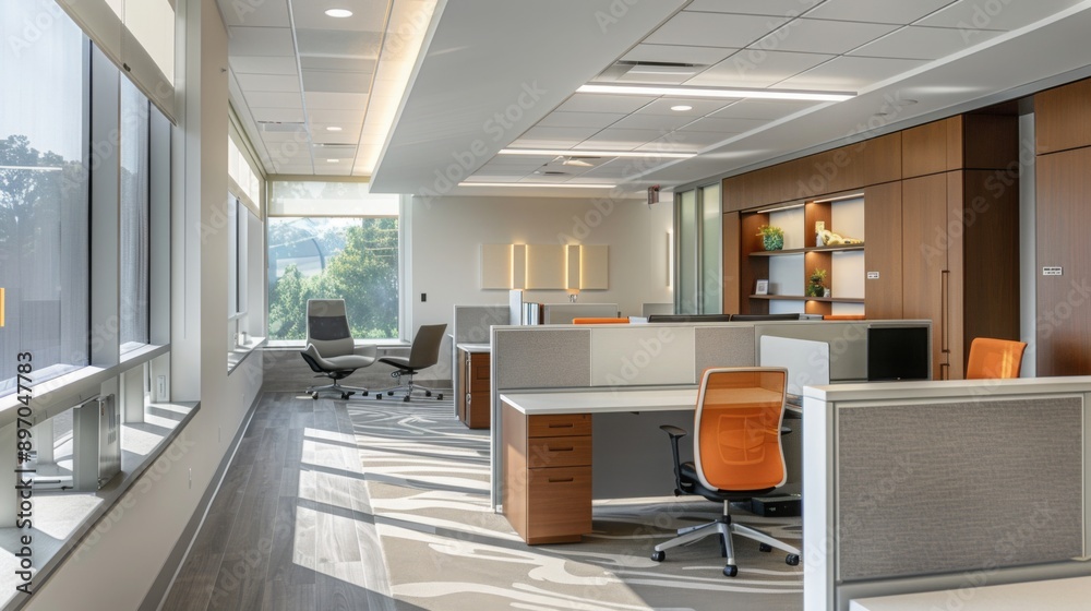Poster a view of a modern office interior with cubicles and windows. the office is bright and airy, with la