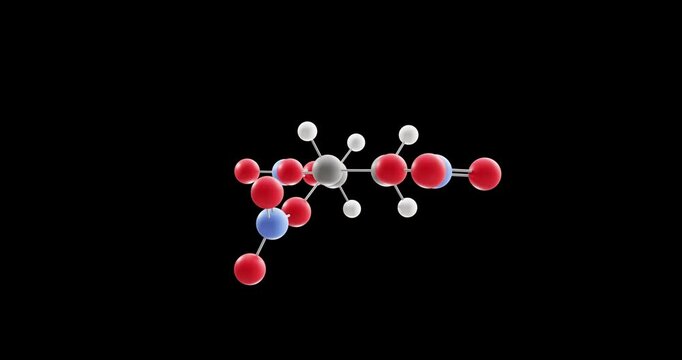 Nitroglycerin molecule, rotating 3D model of glyceryl trinitrate, looped video on a black background