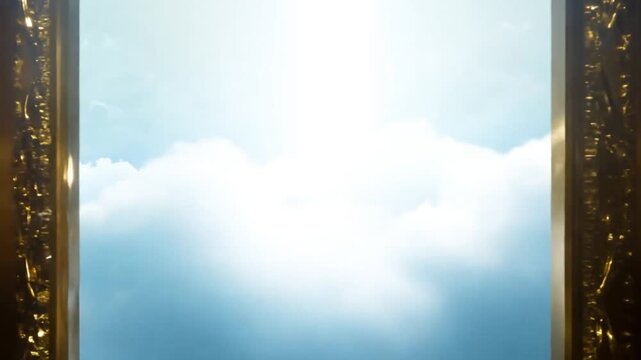 Going trough golden gate doors with bright heaven light shining. Open magic door with shining light. Gates to heaven with bright white clouds at the end concept 4k