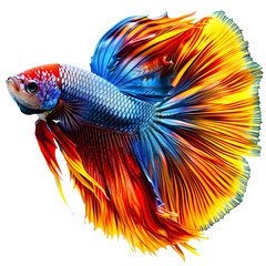 Fototapeta premium A vibrant isolated on transparency PNG background, colorful Betta fish swims gracefully with its flowing fins displayed in fiery hues of orange, red, and yellow transitioning to blue