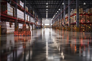 A futuristic warehouse with sleek, metallic floors and high ceilings, featuring rows of neatly stacked boxes illuminated with red lights.