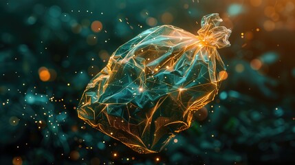 Digital futuristic polygonal glowing garbage bag floating in dark blurred textured background. Artificial intelligence, waste management technology, environmental sustainability, futuristic design.