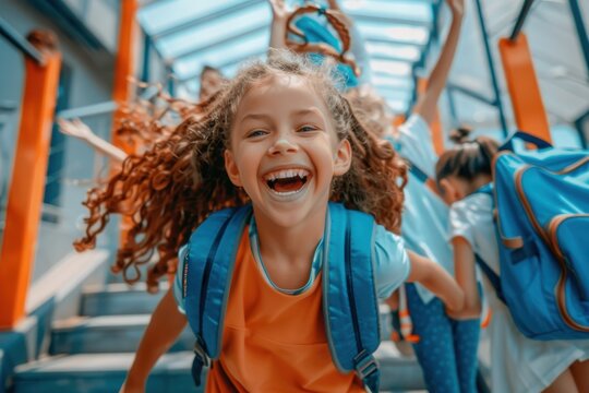 A young girl with curly hair smiles broadly as she runs down the stairs with her friends, all carrying backpacks and heading toward school.