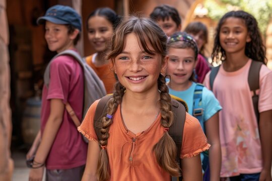 A group of children, likely on their way to school, walk down a narrow passageway together. The girl in the center of the frame smiles brightly, her pigtails bouncing as she walks.