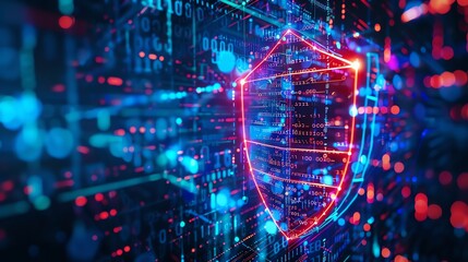 Cybersecurity shield emblazoned with binary code, protecting against digital dangers