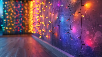 Multicolored Christmas Lights on a Wall with a Blurred Wooden Floor