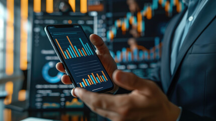 Businessman analyzing financial data on smartphone with stock market chart background. Investment analysis, financial planning, stock trading, market research, economic growth concept.