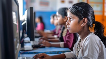 Focused indian Students Learning in Computer Lab at School Using Desktop Computers