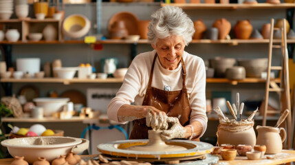 Smiling elderly woman shaping clay on a pottery wheel in a vibrant ceramic studio surrounded by handcrafted pottery