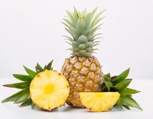 Pineapple, Pineapple Slice, and Pineapple Leaf Isolated on White Background