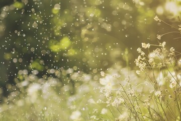 A picturesque meadow bathed in sunlight with floating pollen particles creating a bokeh effect