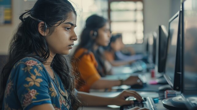 Focused indian Students Learning in Computer Lab at School Using Desktop Computers