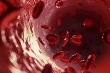 In a blood vessel, red blood cells are shown in motion, illustrating the circulatory system