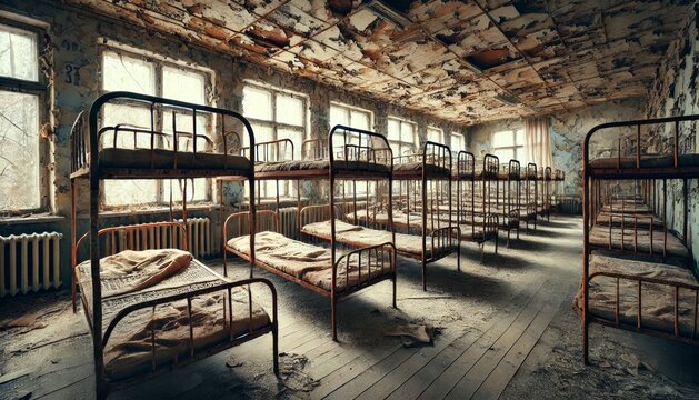 Discover a deserted dorm room with decaying beds and worn paint for a creepy experience