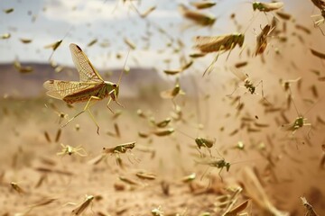 Locust swarm on agricultural farmland eating up crops closeup