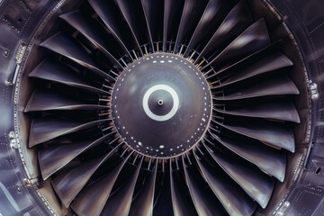 Closeup of jet engine turbine, emphasizing blade and central hub precision engineering