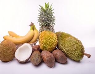 Fototapeta premium Jackfruit, Durian, Pineapple, Banana, Marukipo, Soursop, Grapes, and Mango Isolated on White Background