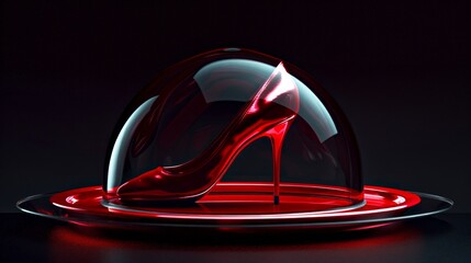 Elegant red high-heeled shoe showcased in a glass dome on a red and black background. A modern, stylish and concept-driven image ideal for advertising, fashion editorials 