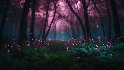 Dreamlike night forest with pink fireflies, fantasy background or wallpaper